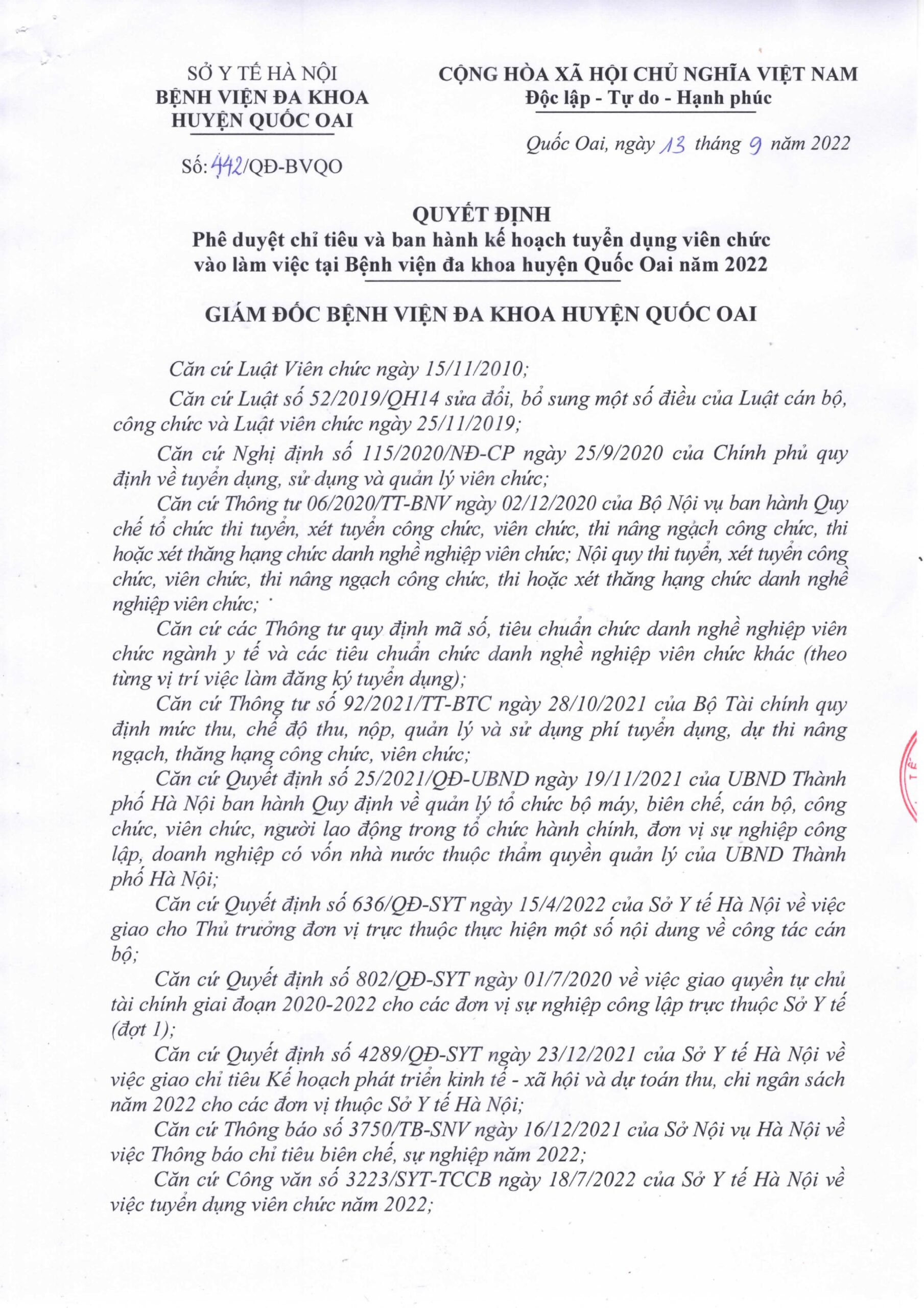 Thông báo tuyển dụng viên chức vào làm việc tại BVĐK huyện Quốc Oai năm ...