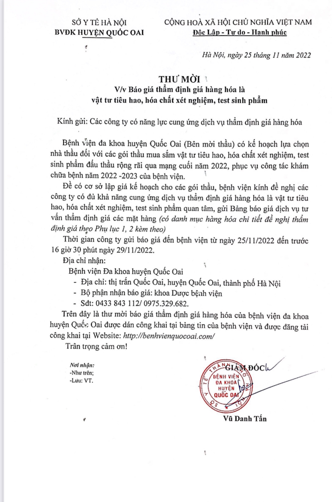 Thư mời báo giá thẩm định gói hàng hóa, Vật tư tiêu hao, hóa chất xét ...